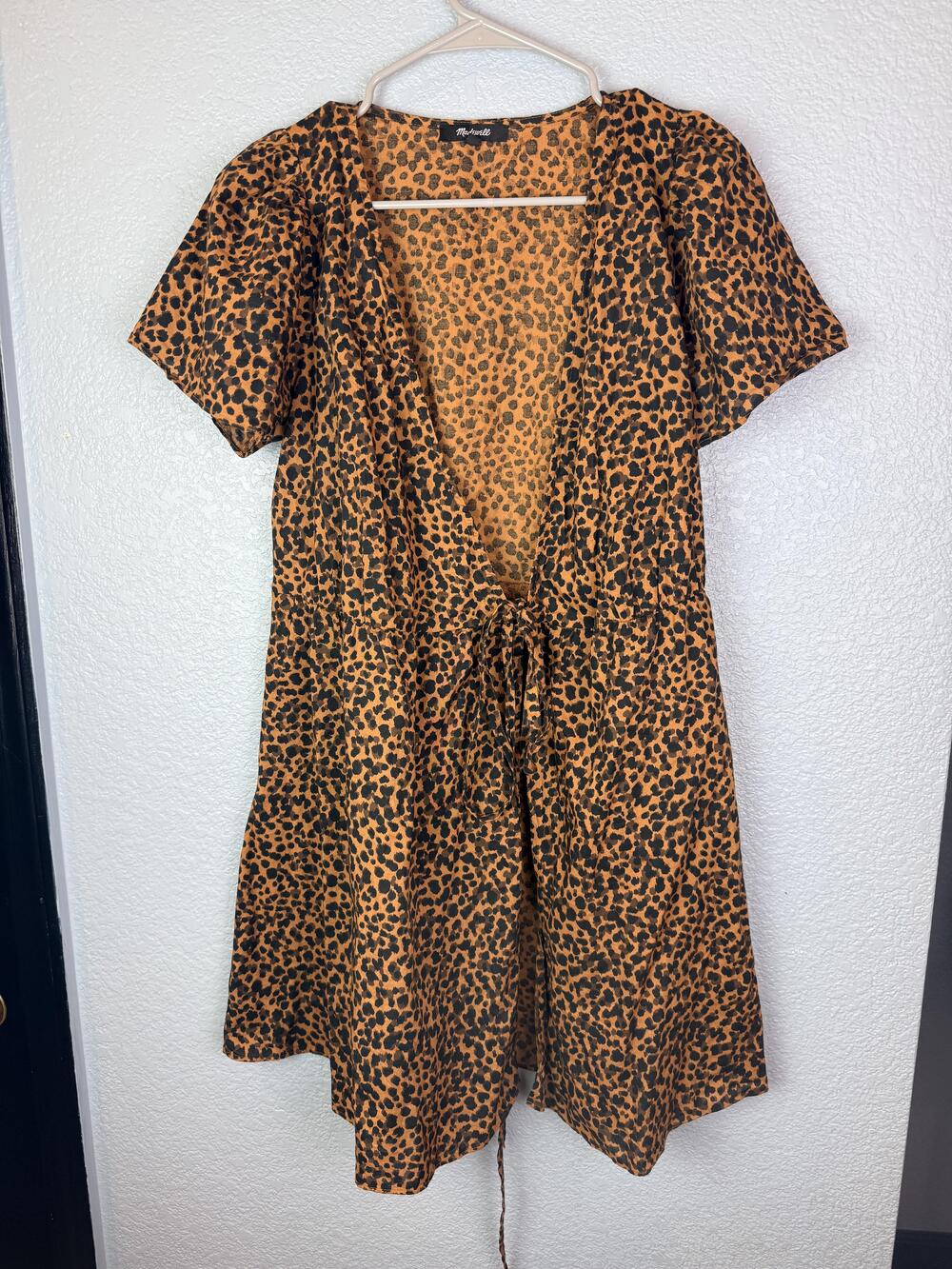 Madewell Dress Womens Small Brown Leopard Print Wrap Tie Waist Mini Cotton